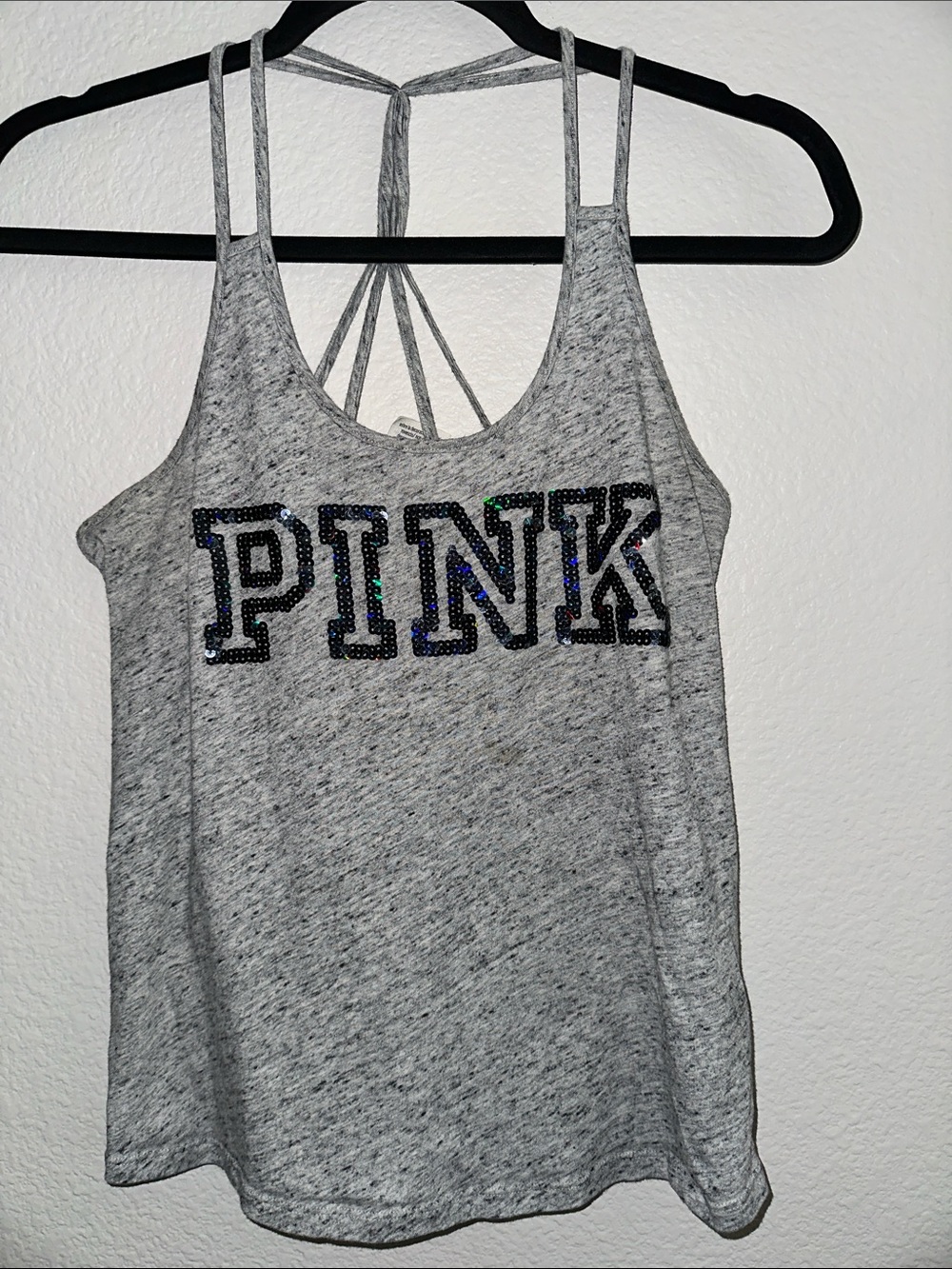 PINK Victoria’s Secret Women’s Gray Sequin Logo Strappy Back Tank Top XS